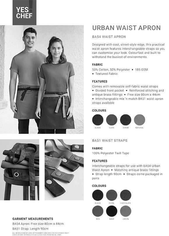 Yes Chef! Urban Half Apron size chart