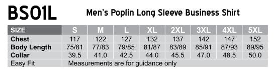 Core Poplin SS Shirt size chart