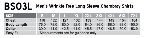 Long Sleeve Chambray Shirt size chart