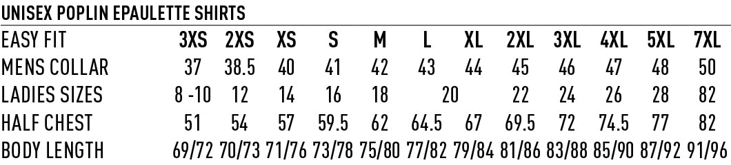 W.S. Epaulette SS Shirt size chart