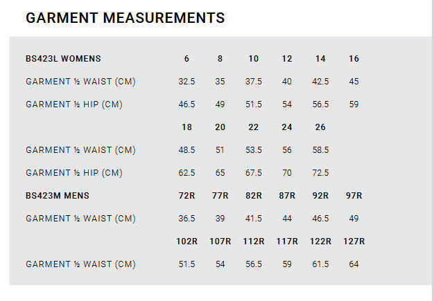 Venture Pant size chart