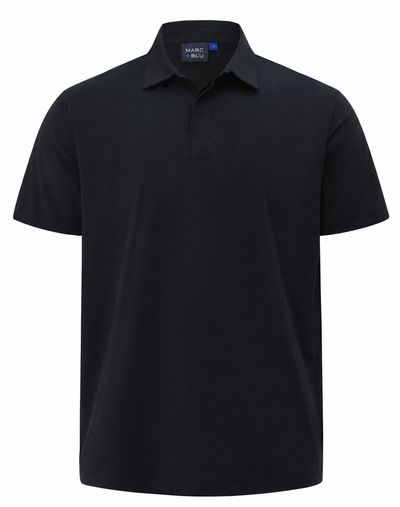A black short-sleeve polo shirt with a collar and a two-button placket, shown on a plain white background. The brand label inside the collar reads 'MARK & BLOU'.