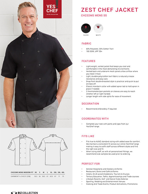 Yes Chef! Zest SS Chef Jacket size chart