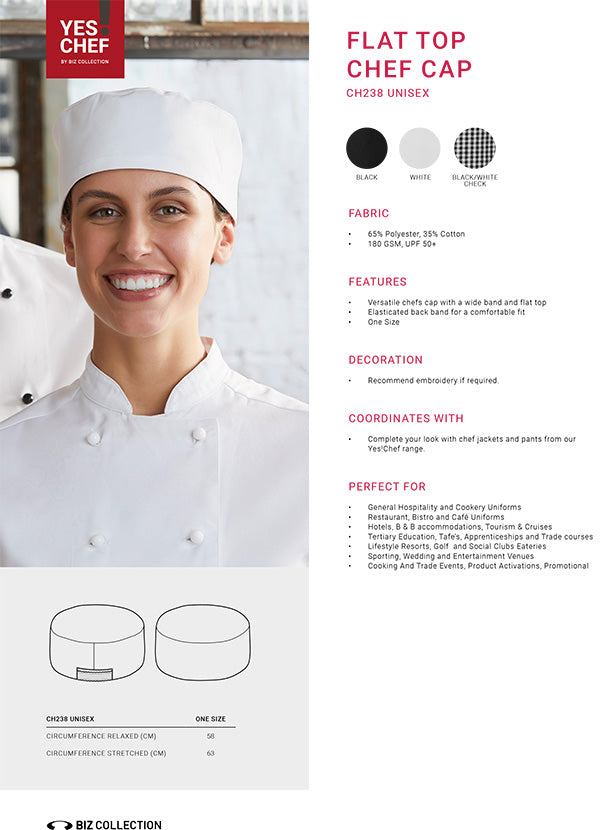 Yes Chef! Flat Top Cap size chart