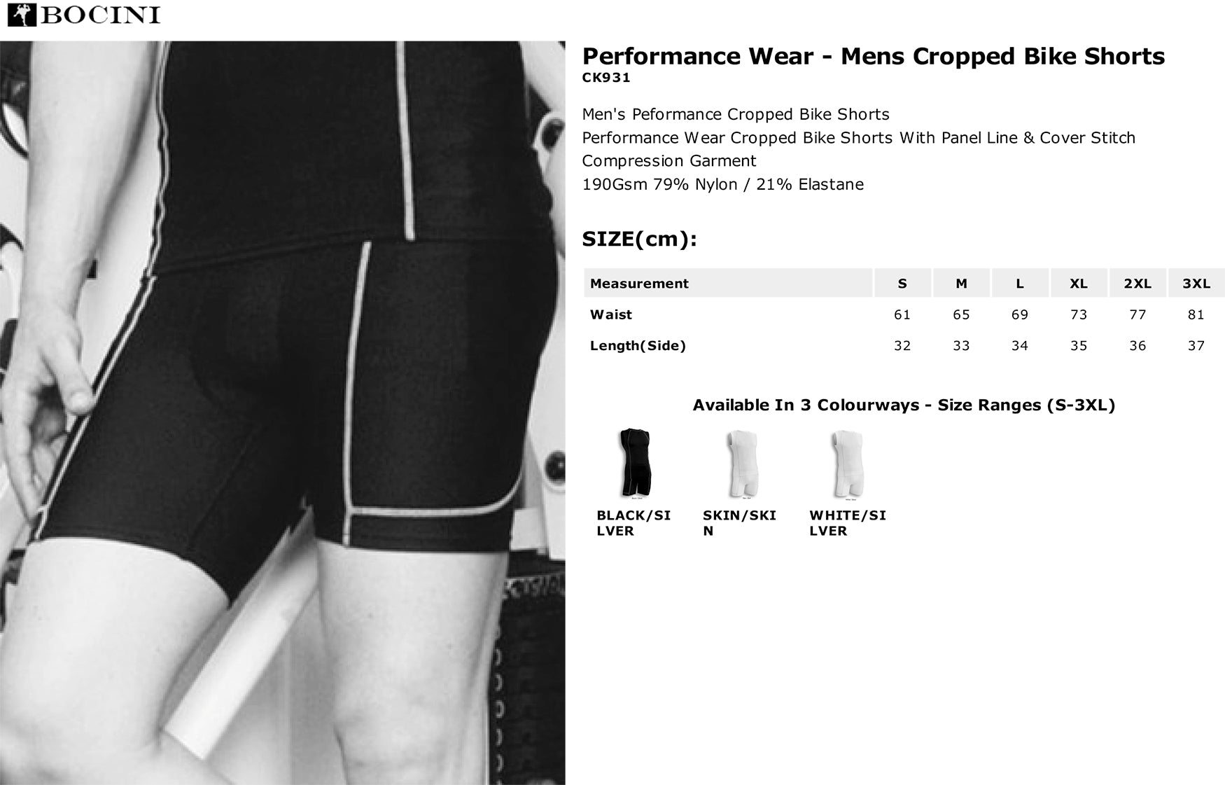Mens Compression Cropped Shorts size chart