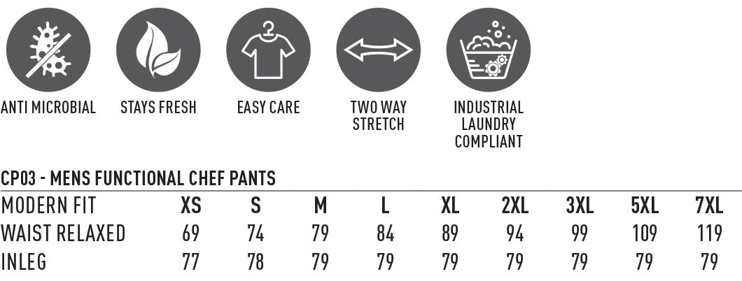 W.S. Functional Chef Pants size chart
