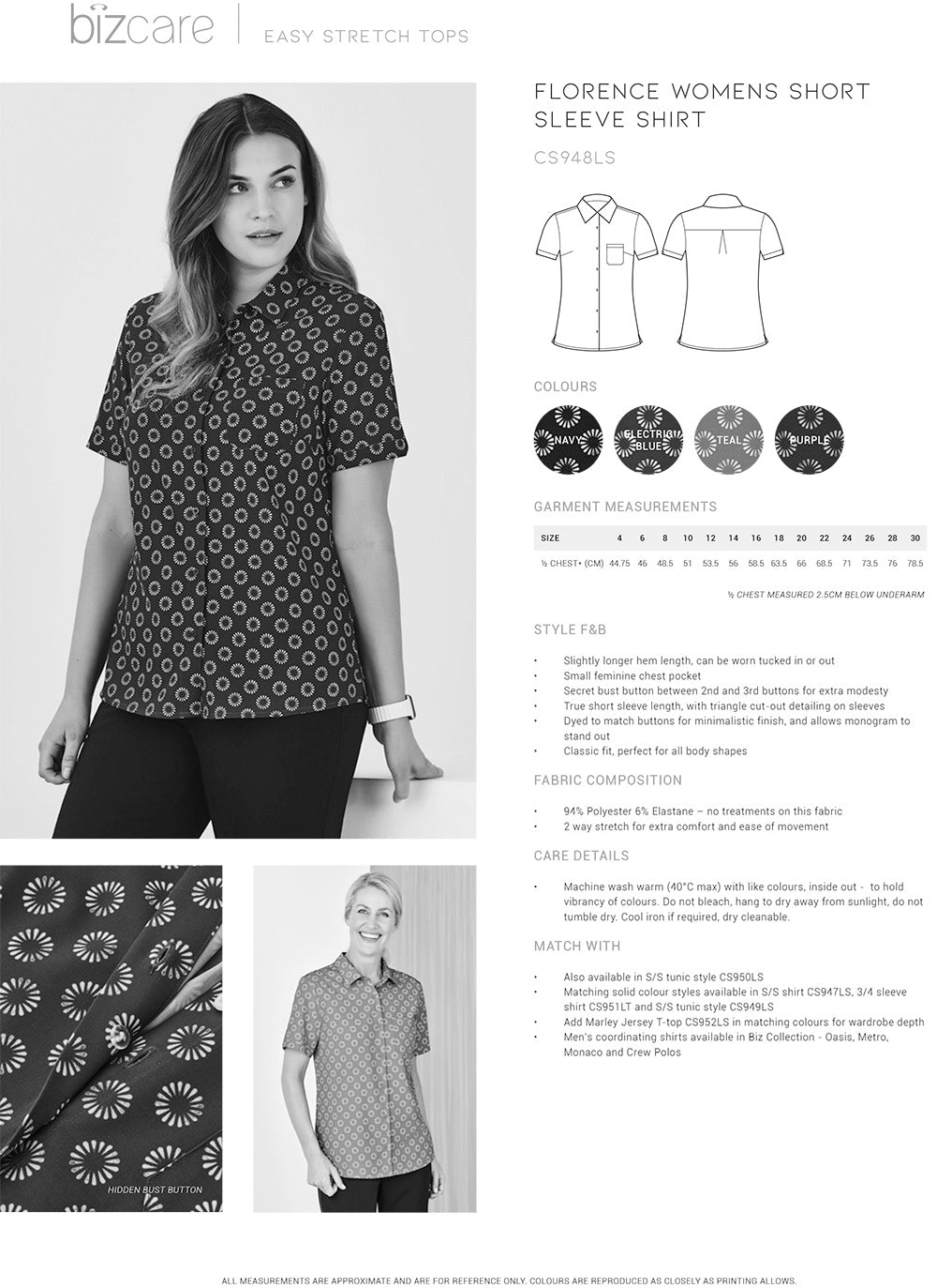 Bizcare Stretch Daisy Print SS Shirt size chart