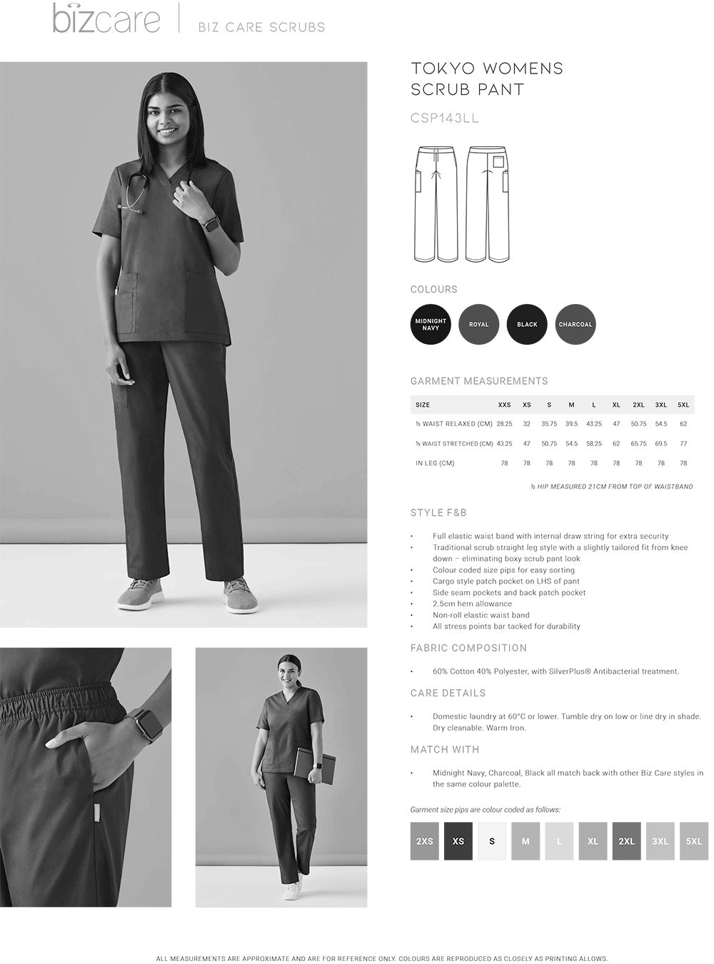 Bizcare Tokyo Scrub Pant size chart