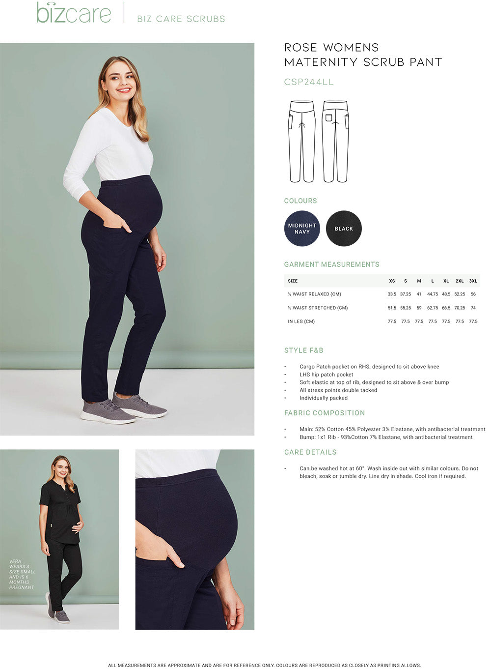 Bizcare  Womens Rose Maternity Scrub Pant size chart
