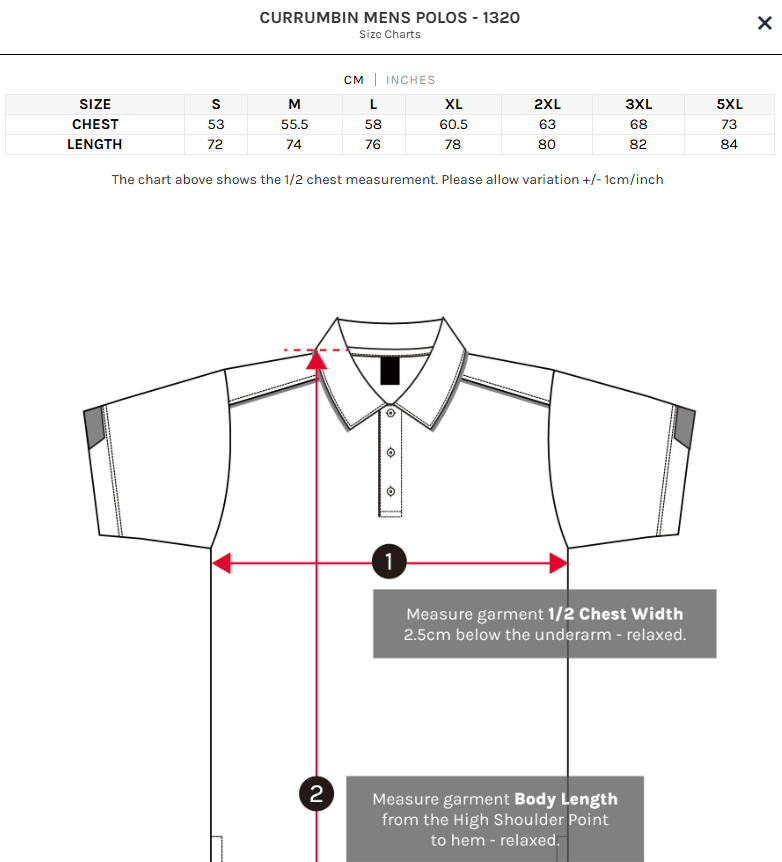 Currumbin Polo size chart