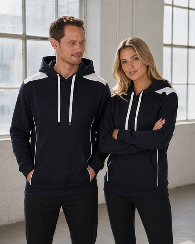 Black and white unisex croxton hoodie with contrasting shoulder panels and side stripes ideal for workwear uniforms