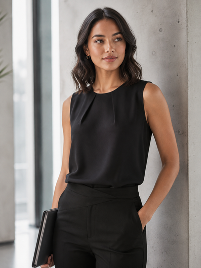 A woman wearing a sleeveless black top and black pants, standing indoors against a concrete wall and holding a black clutch.