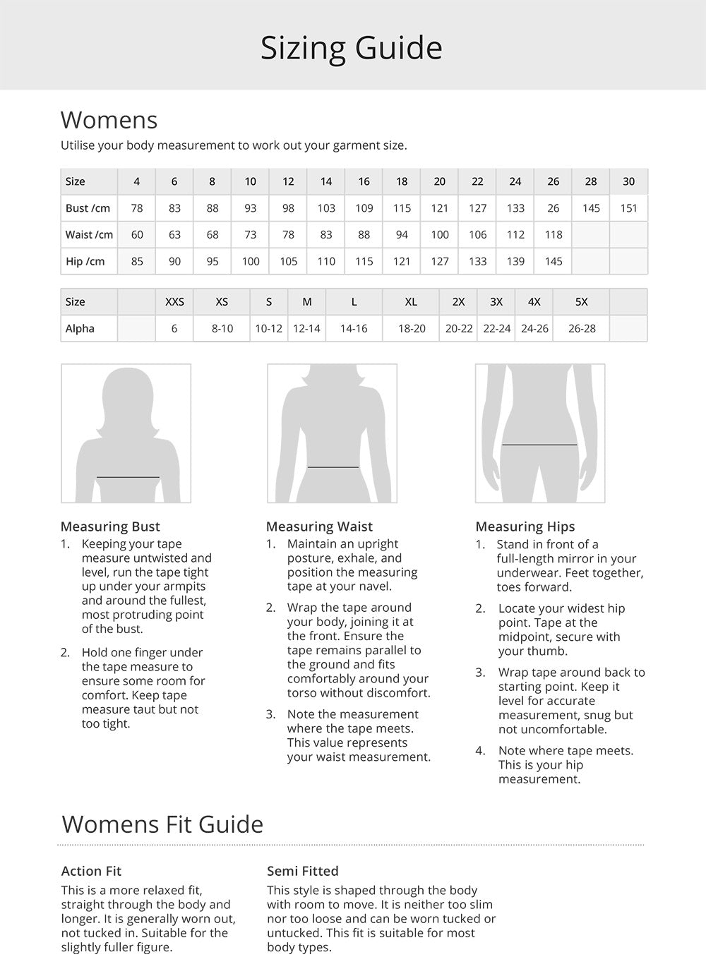 1300 Practice Manager Trainee Ladies Top size chart