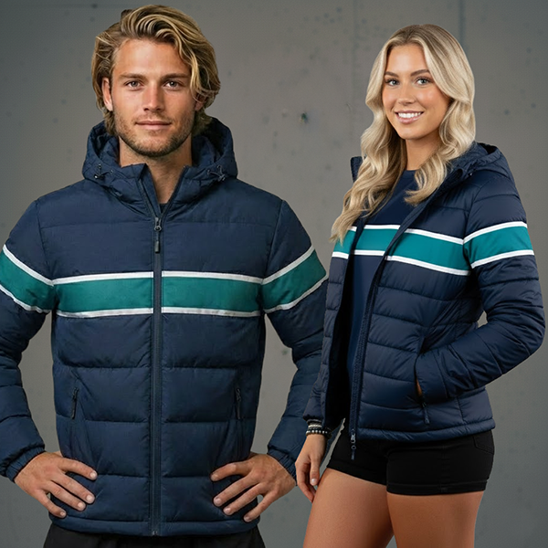 Man and woman wearing matching blue puffer jackets with white and green stripes in Australia for team sportswear and branded outerwear