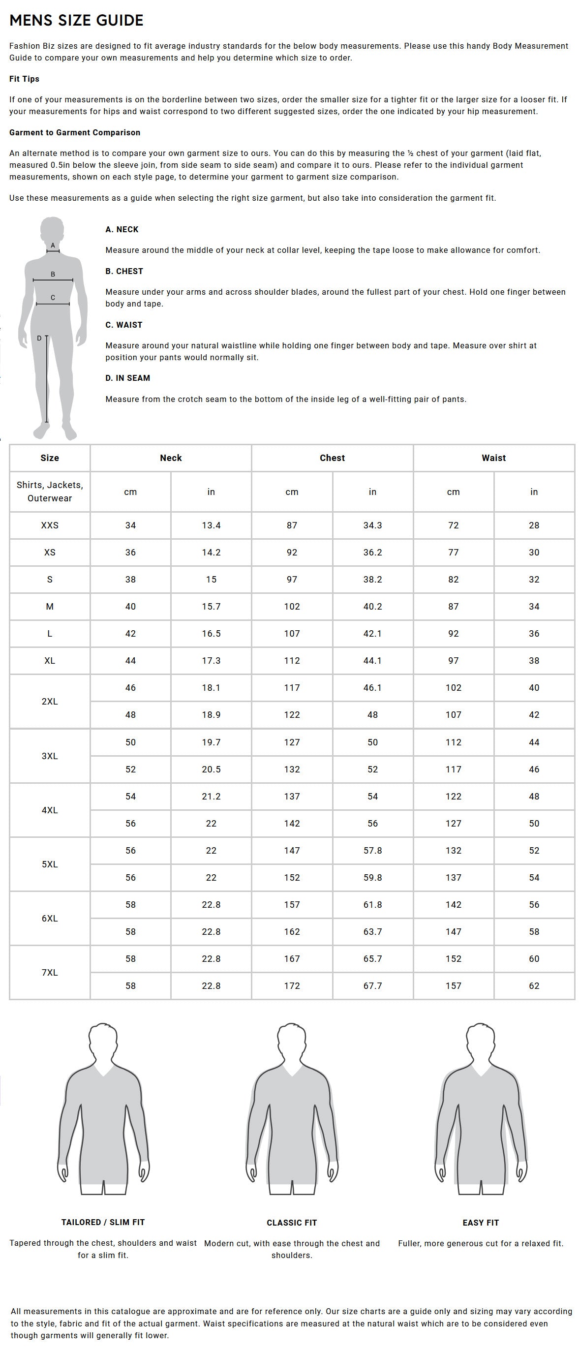 Bentleigh LS Shirt size chart