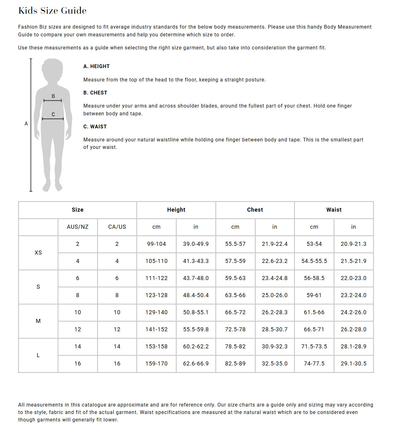 Kids Hyper Hoodie size chart