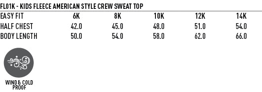 American Style Fleece Sweater size chart
