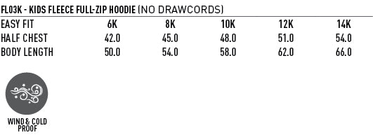 SubZero Kids Zip Hoodie size chart