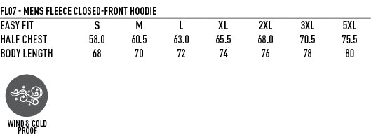 SubZero Hoodie size chart