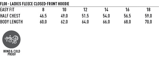 SubZero Ladies Hoodie size chart