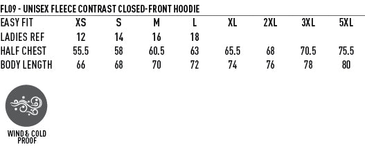 Passion Fleece Hoodie size chart