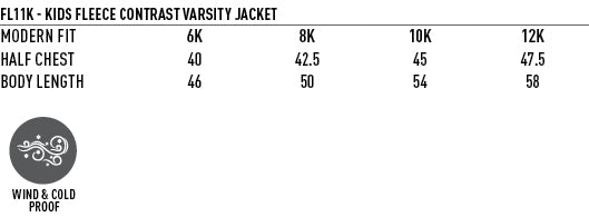 Kids Varsity Jacket size chart