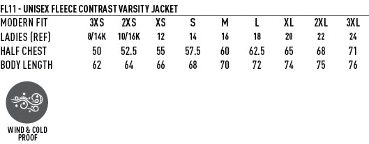 Heart Foundation (EMB) Letterman Jacket size chart