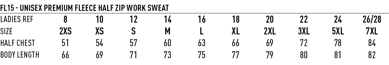 Premium Fleece Half Zip Sweat size chart