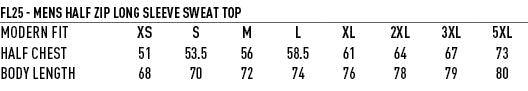Ultimate Half Zip Sweat Top size chart