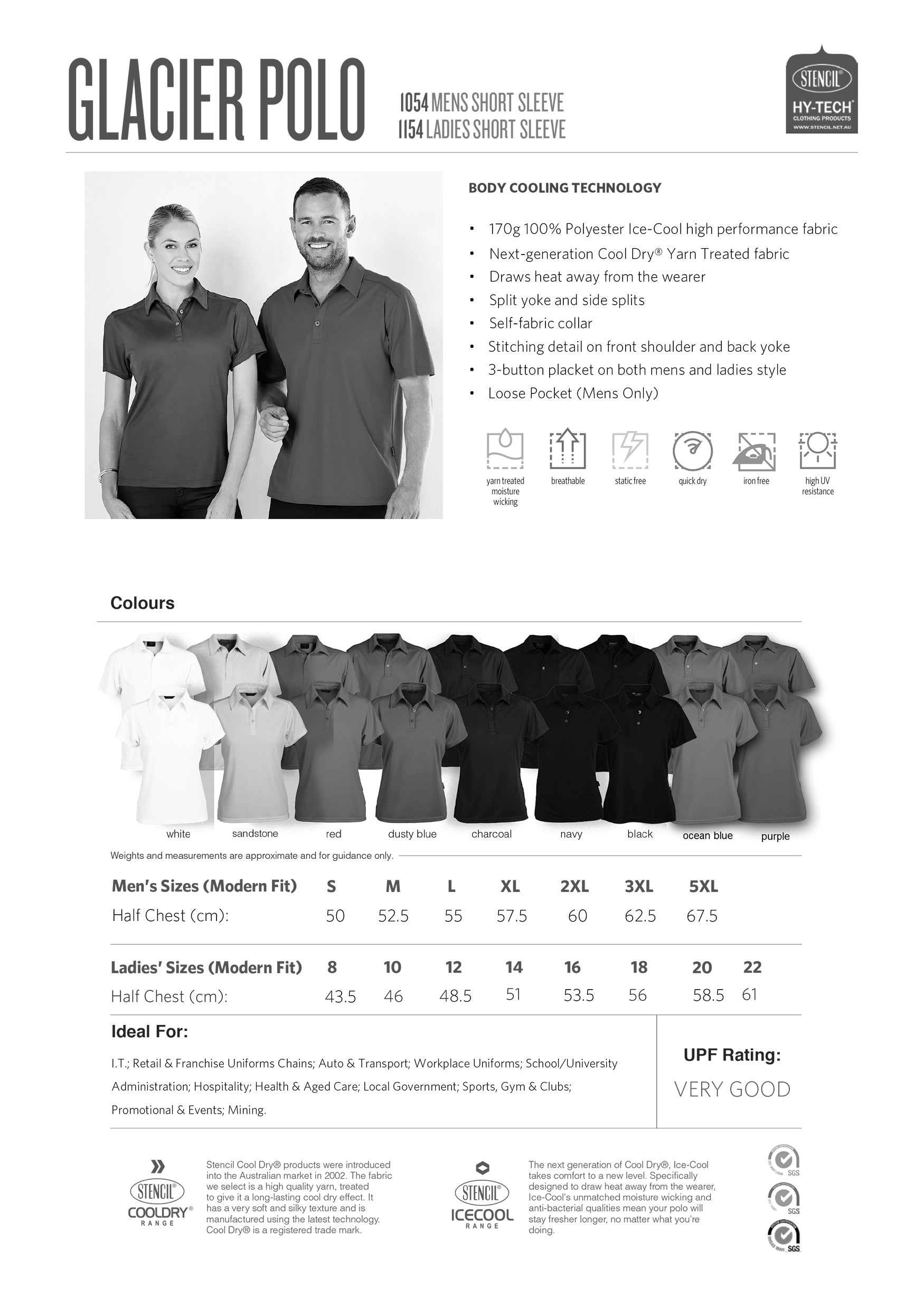 Glacier Premium Ladies SS Polo size chart