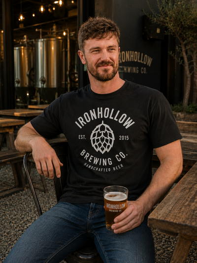 man sitting in brewey beer garden drinking a beer