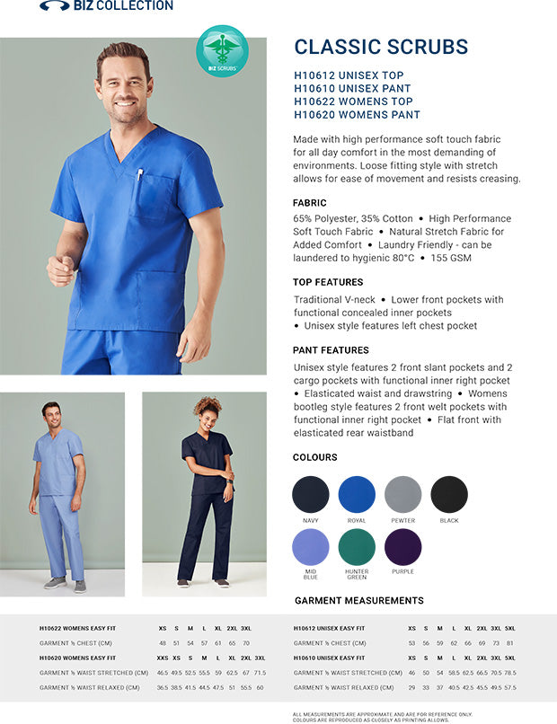 inaura: Unisex Scrub Top size chart