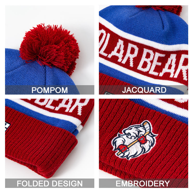 Blue and red knitted pompom beanie with fluffy red pompom and polar bear embroidery perfect for work uniforms