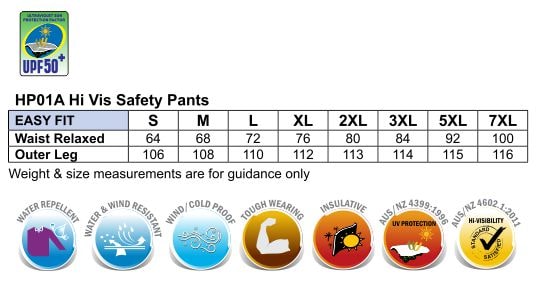 AIW HiVis Safety Pants size chart