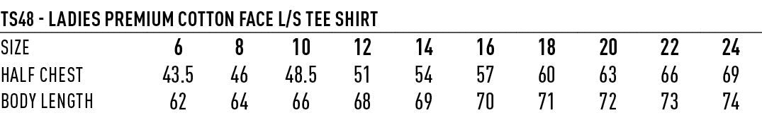 Ladies Premium Cotton Face LS Tee size chart