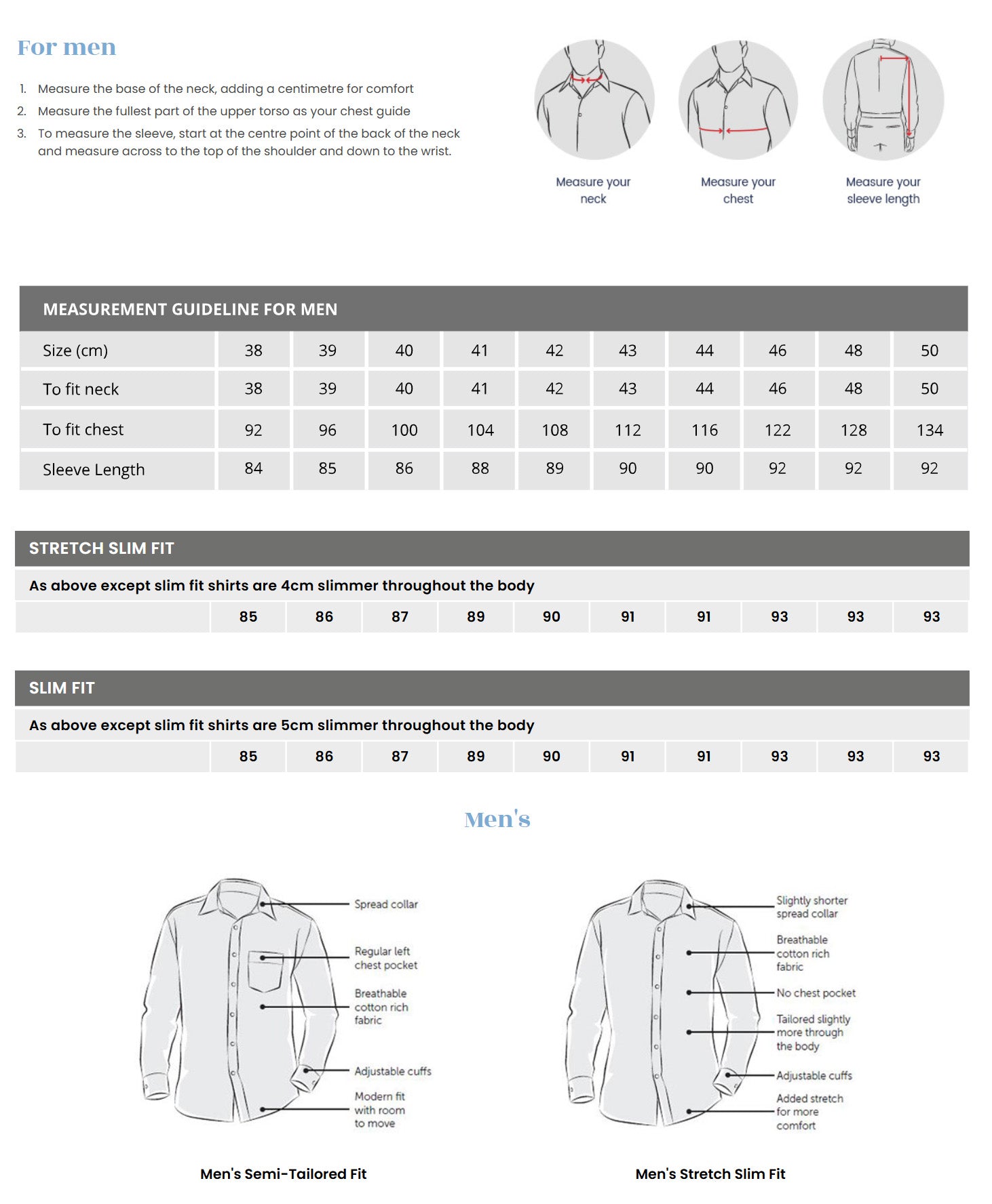 Keval Poplin LS Shirt size chart