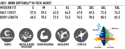HiTech Softshell Jacket size chart