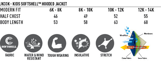 Kids Aspen Softshell Hooded Jacket size chart