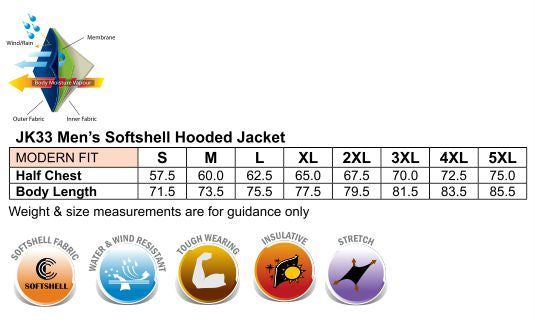 Aspen Softshell Hooded Jacket size chart