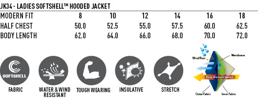 Ladies Aspen Softshell Hooded Jacket size chart