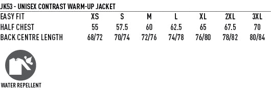Legend Warm Up Jacket size chart