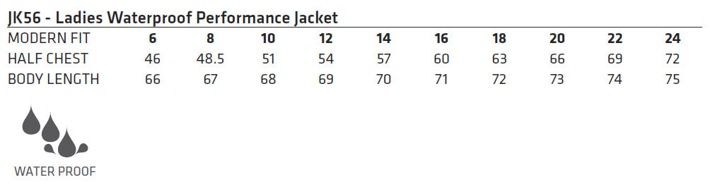 Ladies Waterproof Performance Jacket size chart