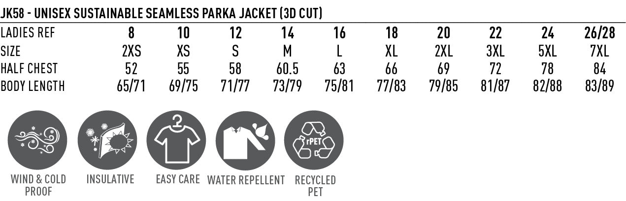 3D Cut Sustainable Quilted Puffer Jacket size chart
