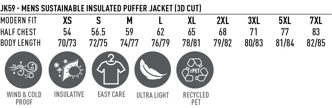3D Cut Sustainable Insulated Puffer Jacket size chart