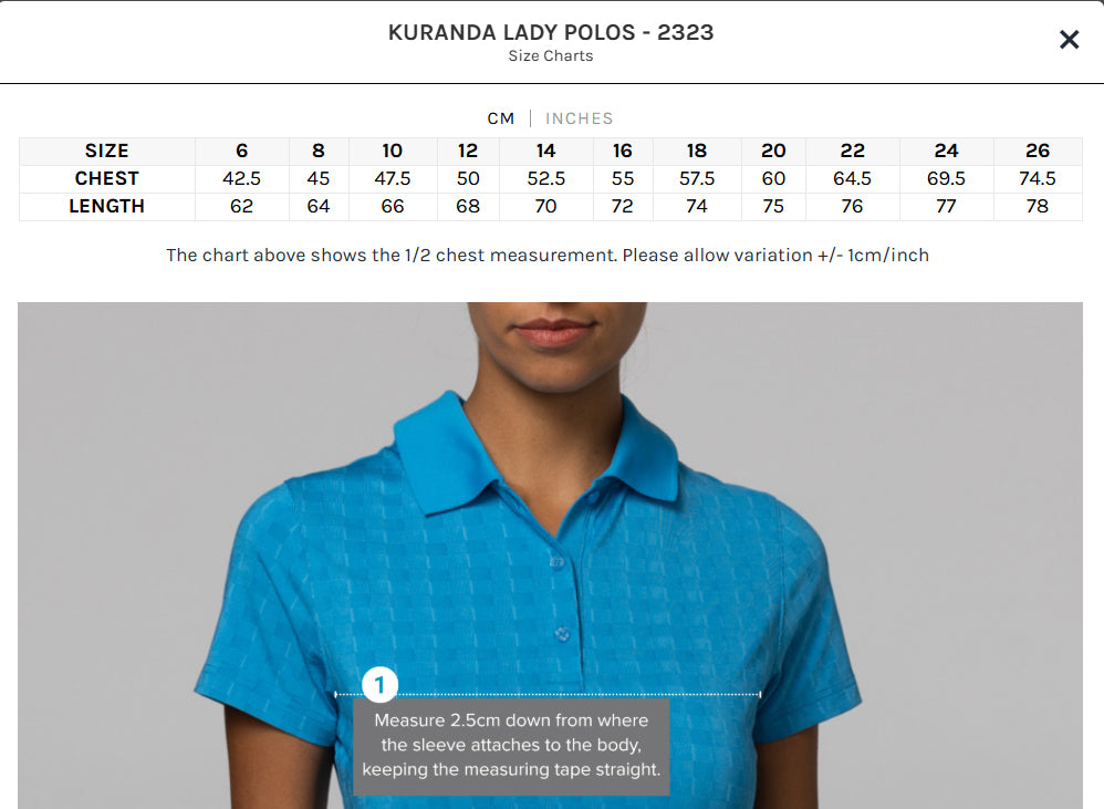 Kuranda Ladies Polo size chart