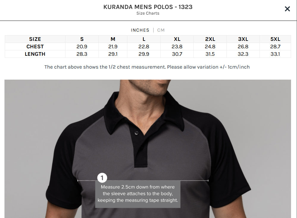 Kuranda Mens Polo size chart