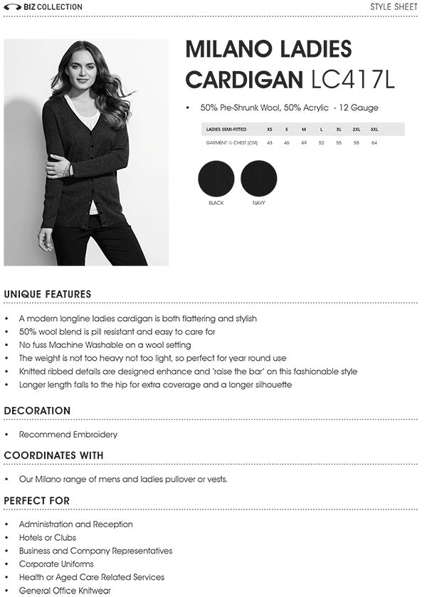 Ladies Milano Cardigan size chart