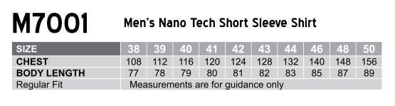 W.S. Nano Tech SS Shirt size chart