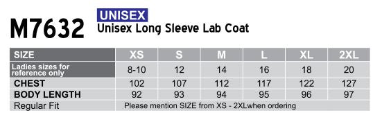 W.S. Adult Lab Coat size chart