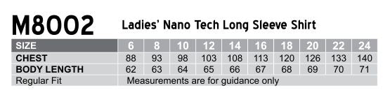 W.S. Ladies Nano Tech LS Shirt size chart